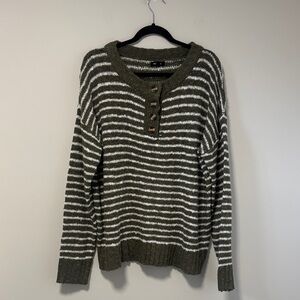 NWOT Olive & White Striped Crew Sweater with Buttons